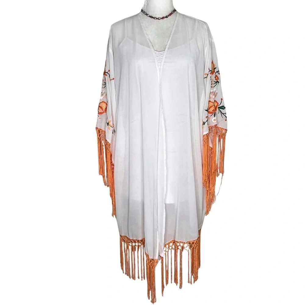 Fringe Kimono Floral Boho Festival Embroidered White Orange Flowers Medium Cato - Picture 17 of 17